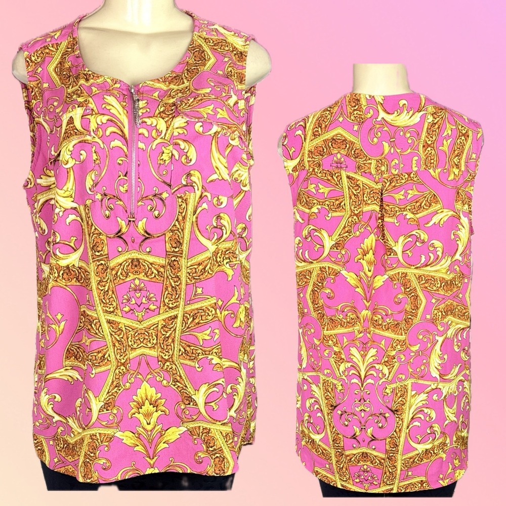 Cathy Daniels Pink Gold Baroque Scroll Sleeveless Half Zip Neckline Blouse Large